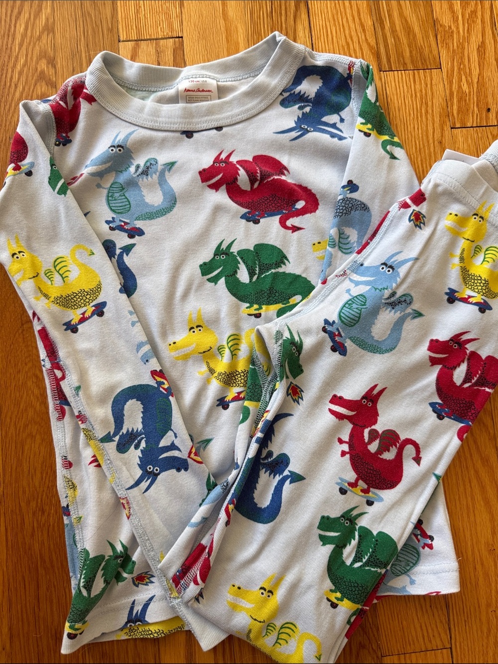 Hanna Andersson White Pajama Set with Red, Green, Yellow, Blue Dragons